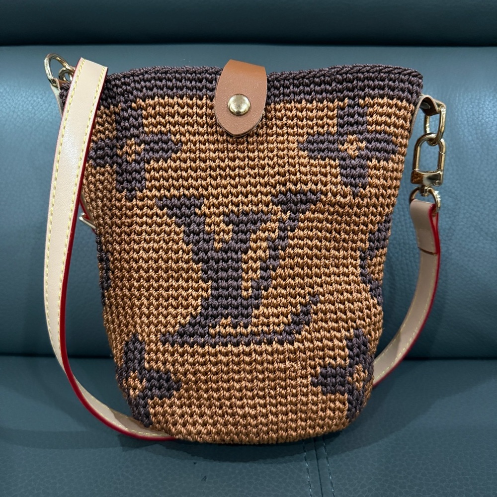Handmade Tan and Brown Crochet Crossbody Bag - Picture 1 of 5